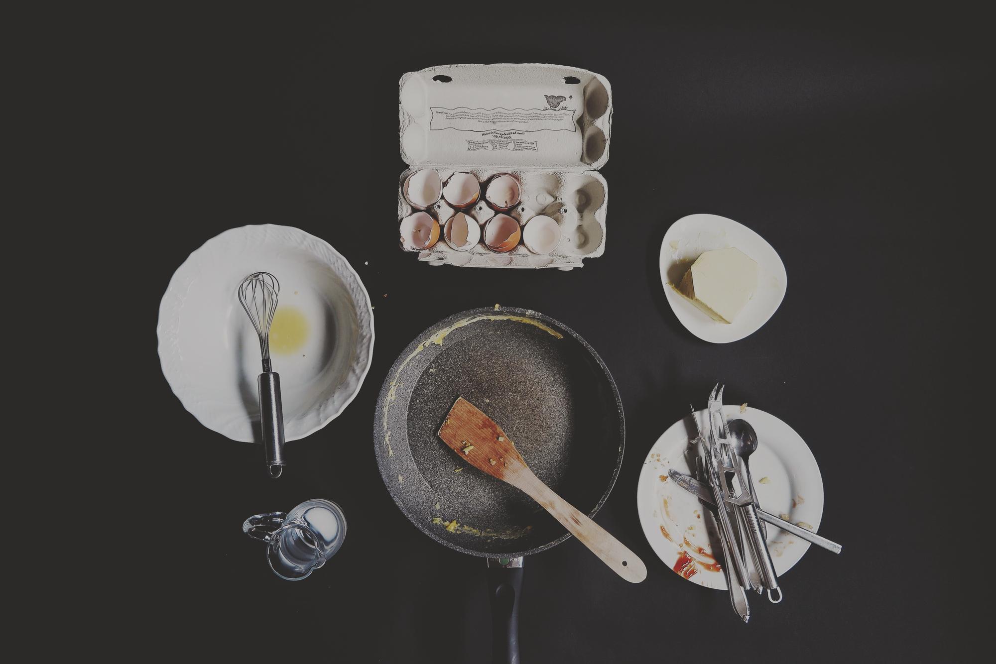 Studio kitchen set with utensils and plated dishes